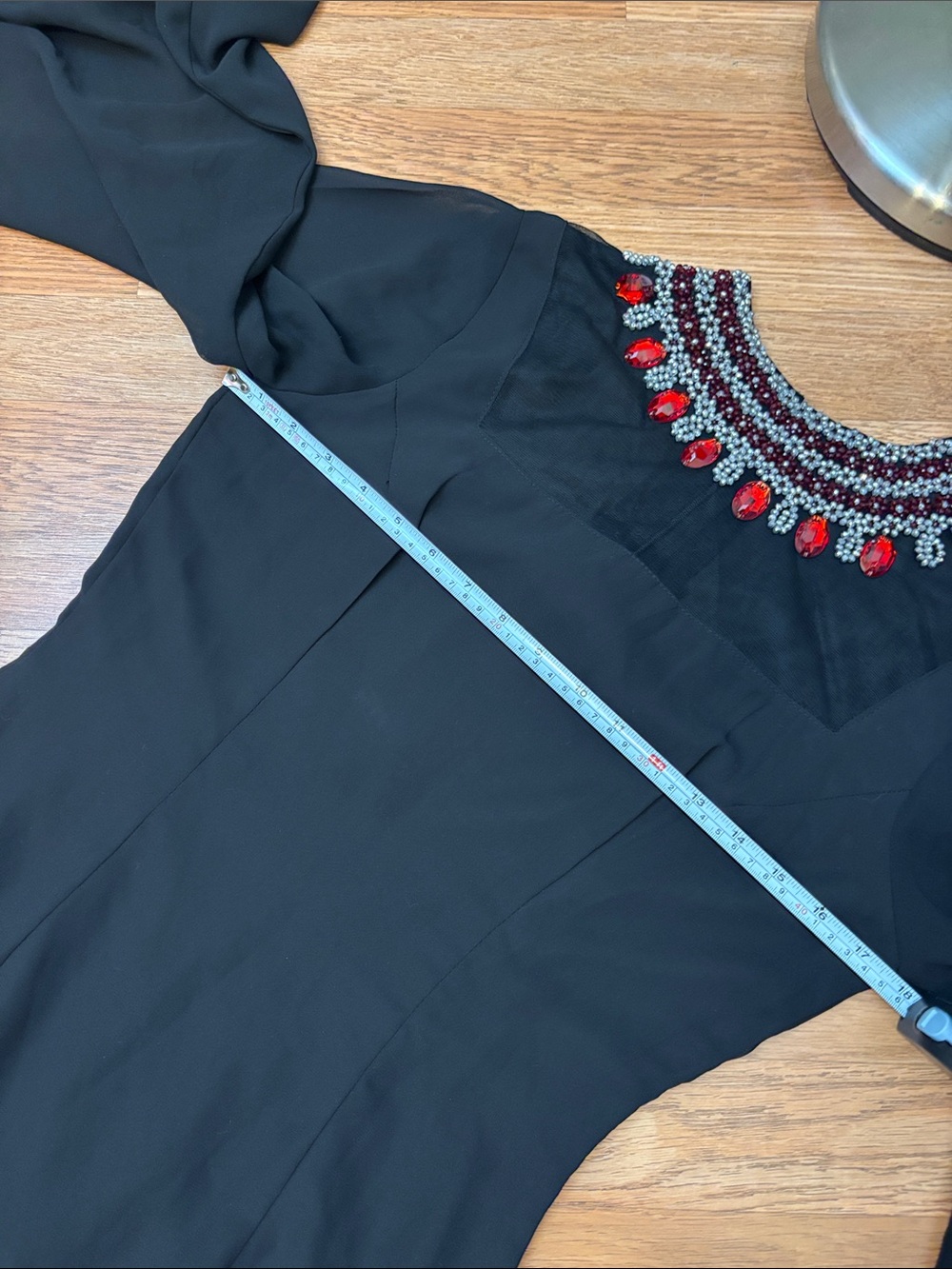 Elegant black long bell sleeve maxi dress with jeweled neckline. Size S. - Picture 15 of 17